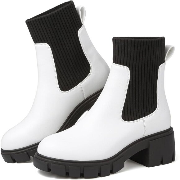 🆕 Women's Chelsea  Ankle Boots White/Black PU+PVC | Fashion Forward Style - Picture 1 of 7